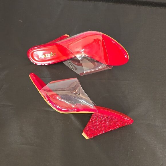 BRAND NEW PAZZLE RHINESTONE HEEL EMBROIDERED CLEAR OPEN-TOE STRAP SANDAL - Picture 8 of 13